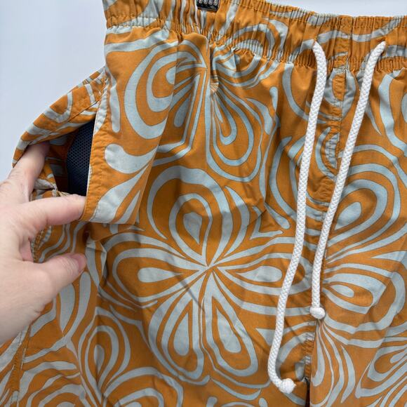 J McLaughlin Swim Trunks Mens Large Orange Gray Floral Mesh Lined + Pockets - Picture 5 of 9